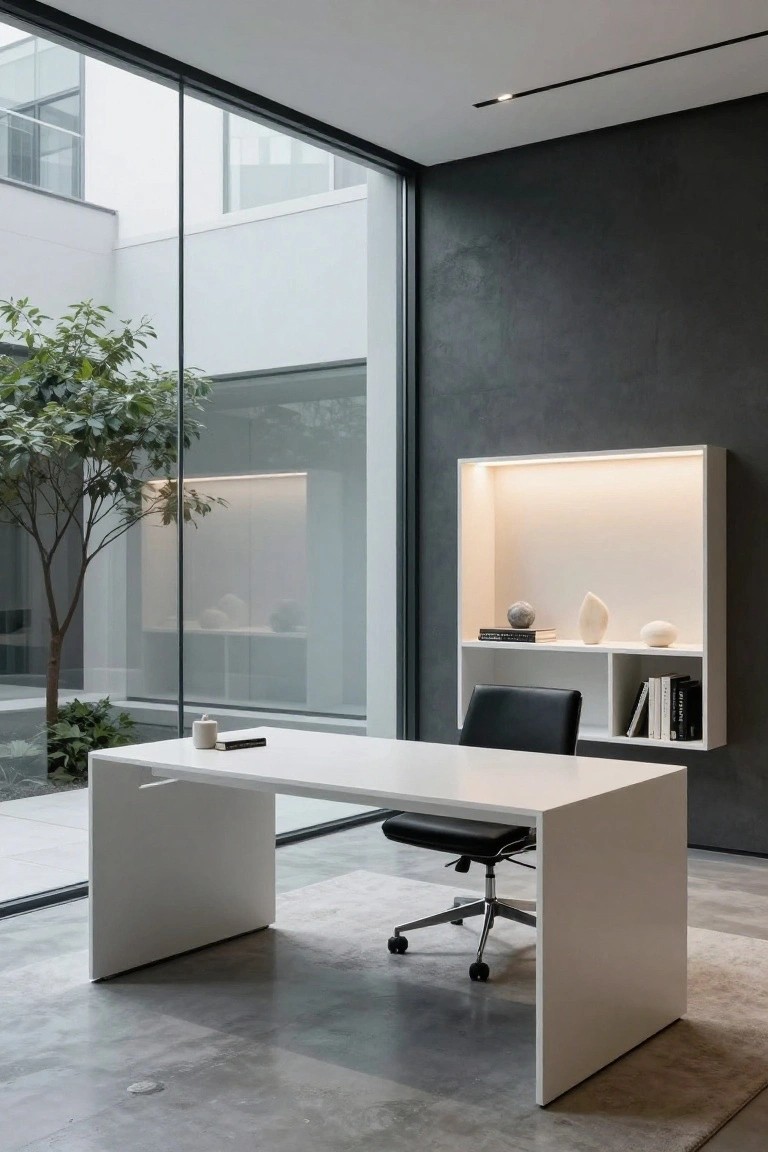 Modern home office interior featuring a white open-frame desk with black leather chair, white built-in shelving unit with integrated LED lighting on a dark textured wall, and large floor-to-ceiling glass windows overlooking a courtyard tree and plants.