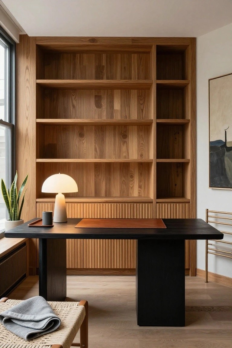 Home office with tall wooden built-in shelving and cabinets, black desk topped with lamp and tray, snake plant in white pot, gray throw on woven chair, next to window and radiator.