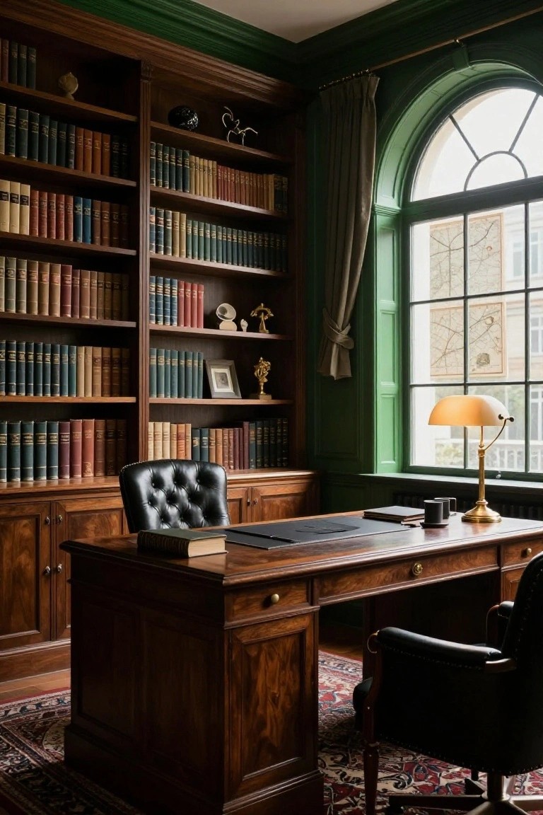 Emerald green walls in a traditional home office with floor-to-ceiling wooden bookshelves filled with books, a large wooden desk, black leather chairs, brass lamp, and arched window with curtains.