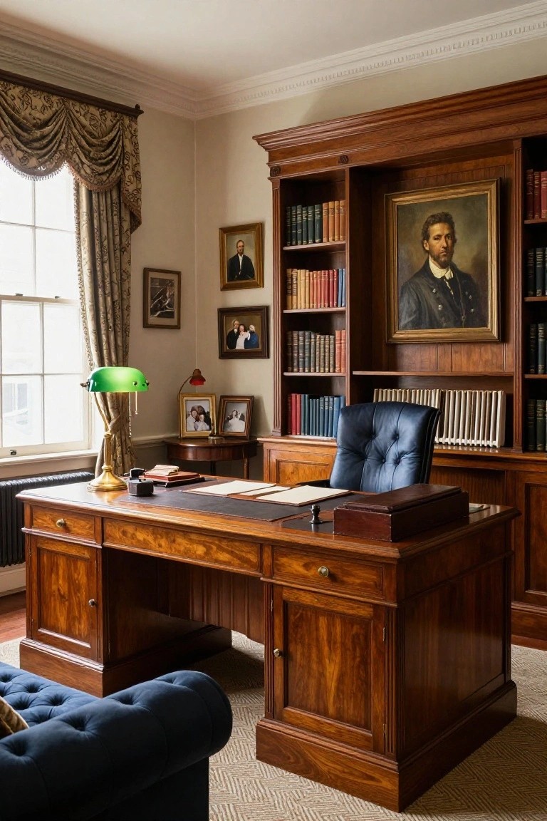 Wood-paneled home office with floor-to-ceiling built-in bookshelves filled with books, antique wooden desk with leather inset, blue leather armchair, green bankers lamp, and framed portraits on walls.
