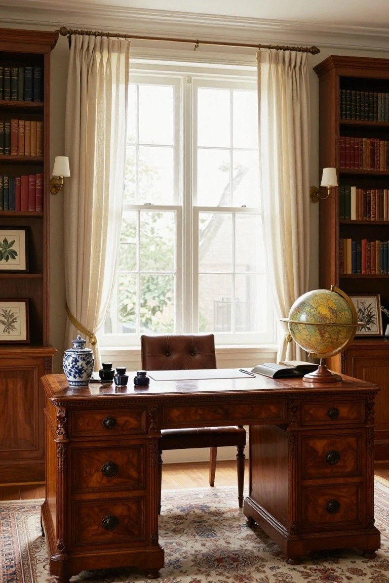 A traditional home office with a large ornate wooden desk centered before a tall window with sheer curtains, surrounded by wooden bookshelves, a leather chair, globe, and ceramic vases.