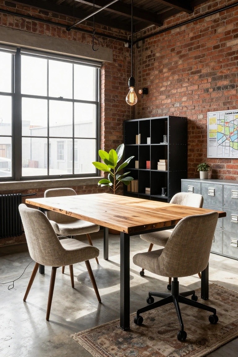 Industrial office interior with exposed red brick walls, large rectangular reclaimed wood table on black metal legs and frame, four light beige upholstered chairs, black metal shelving and filing cabinets, potted plants, pendant light, and large windows.