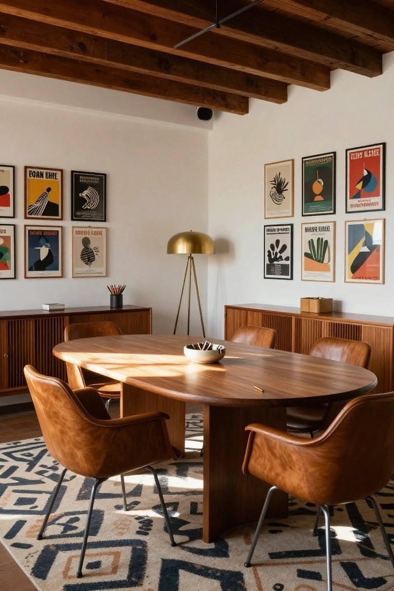 Bright office interior with exposed dark wooden ceiling beams, white walls displaying multiple framed vintage posters, wooden credenzas, an oval wooden table with brown leather armchairs, a gold tripod floor lamp, and a geometric rug.