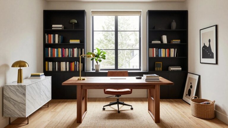 Home office interior with large walnut desk, cognac leather armchair, black bookshelves, gold dome lamp, fiddle leaf fig plant, and window with linen shade.