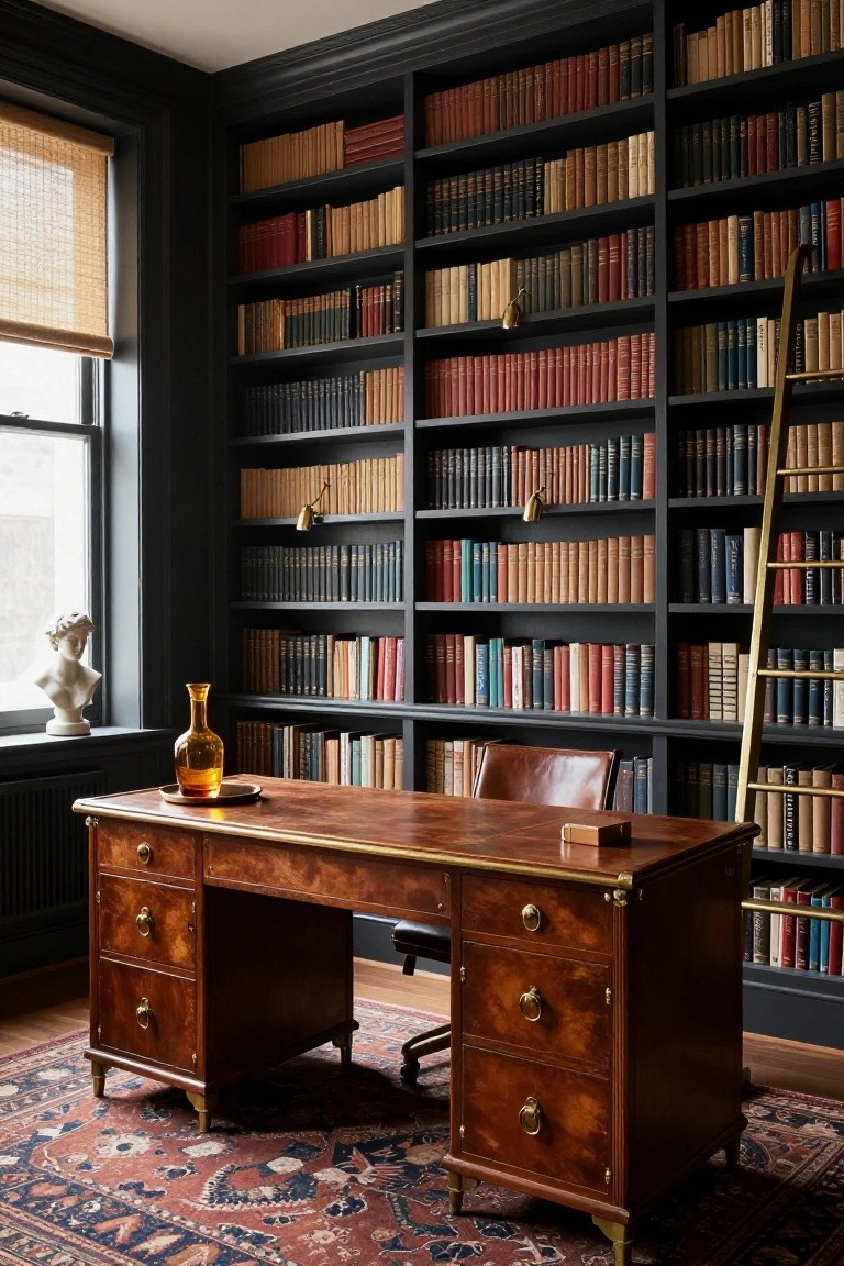 A home office with dark wood floor-to-ceiling bookshelves filled with leather-bound books, a brass library ladder, polished wooden desk, leather chair, amber vase, and window with bamboo shade.