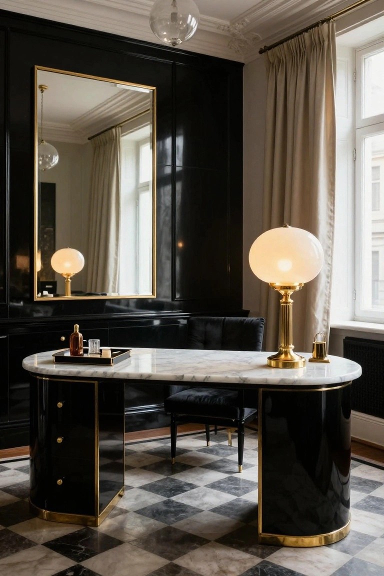 Curved glossy black lacquer desk with white marble top and gold trim in a black-walled office room with gold mirror, globe lamps, beige curtains, and black-and-white marble checkerboard floor.