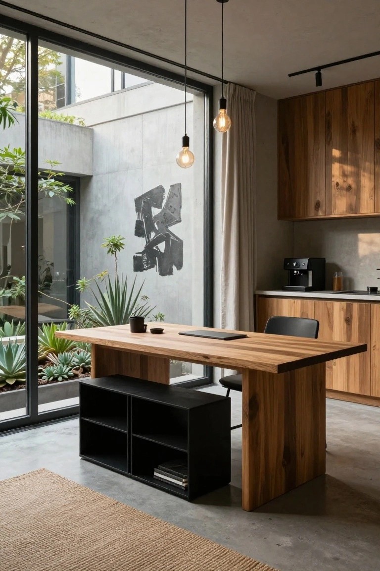 Modern home office interior with large wooden desk, black chair, integrated black shelving unit, laptop and teacup on desk, wood kitchen cabinets and coffee maker nearby, floor-to-ceiling glass doors to planted concrete courtyard, pendant lights, concrete floor and seagrass rug.