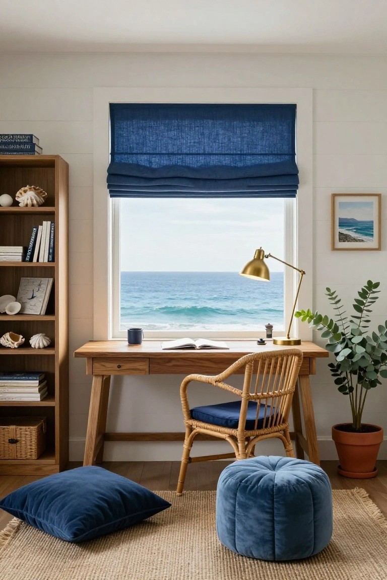 Home office featuring a wooden desk with open book and mug, rattan chair with blue cushion, navy blue roman shade on large window overlooking ocean, bookshelves with books and shells, gold lamp, eucalyptus plant in terracotta pot, blue velvet floor pillows and pouf on jute rug.