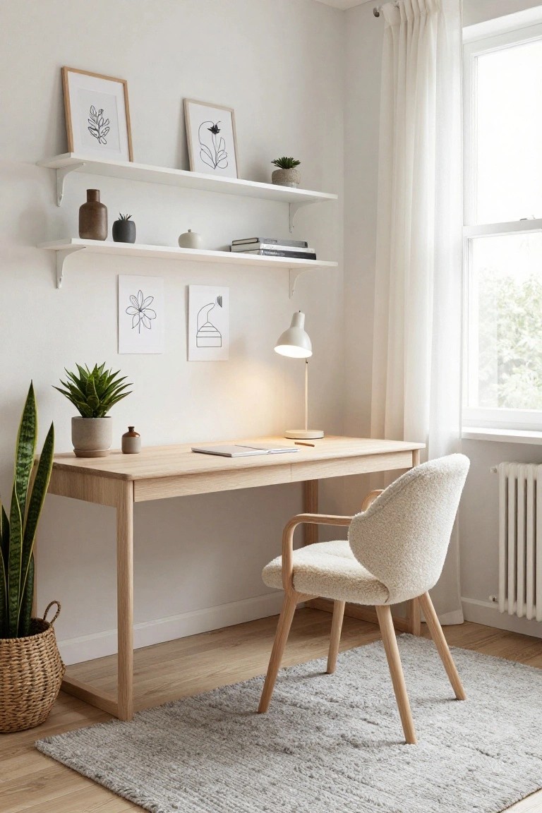 A minimalist home office with light oak desk, cream sheepskin armchair, potted snake plant in basket, white floating shelves holding vases and books, line drawings on walls, desk lamp, and sheer curtains over window.