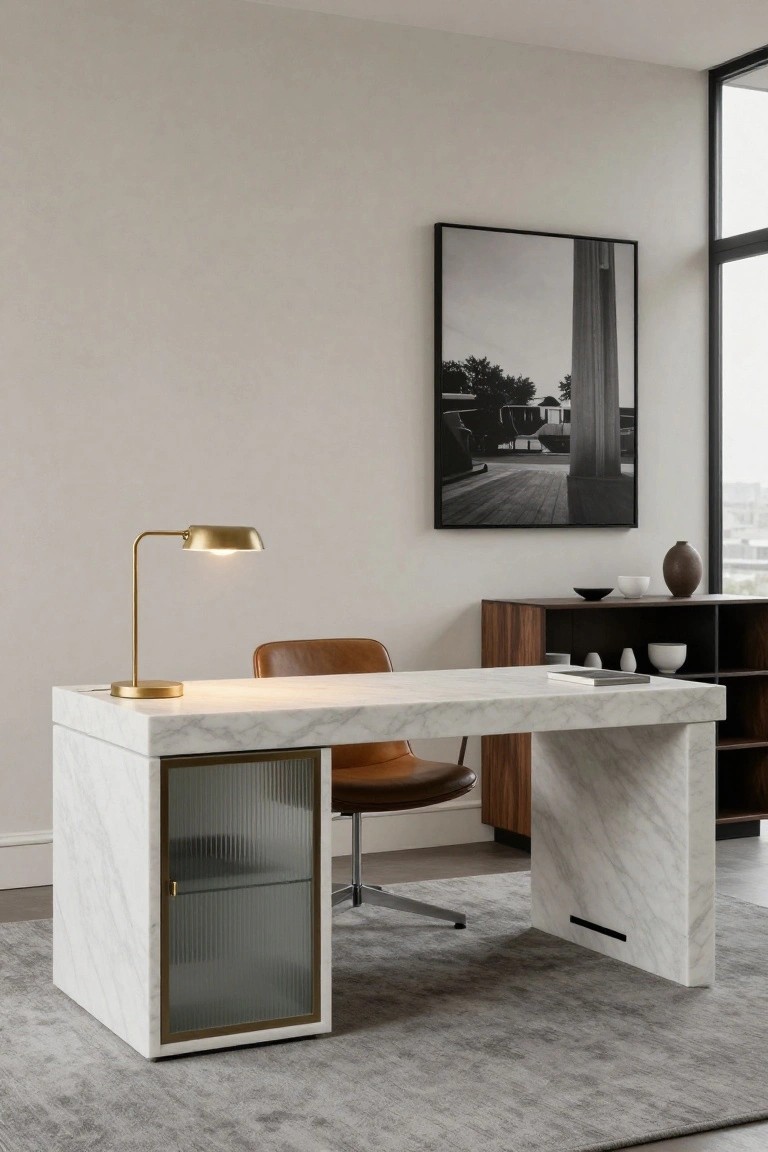 Modern home office featuring a white marble desk with integrated glass-fronted cabinet, tan leather swivel chair, brass desk lamp, wood sideboard, and black-framed photograph on beige wall beside large window.
