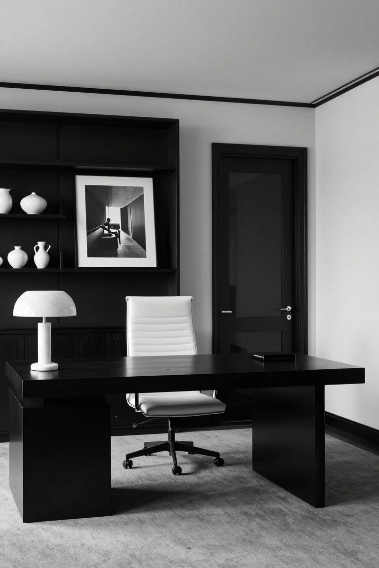 Modern black office with white chair, desk, and built-in shelves.