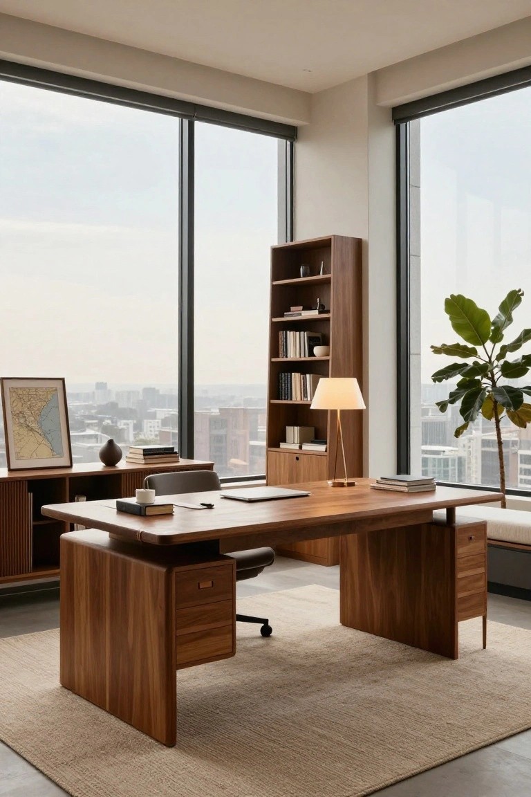 Modern office interior with a large rectangular wooden desk featuring pedestal bases and drawers, flanked by wooden cabinets and bookshelves, a potted plant, table lamp, and large windows overlooking a city skyline.