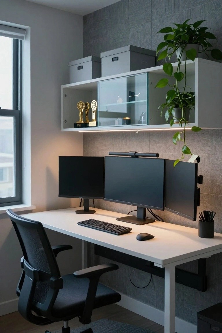 Modern home office featuring a white desk with three black monitors, a central desk light bar, mechanical keyboard, mesh office chair, wall-mounted shelves with plants and trophies, and a window on the side.