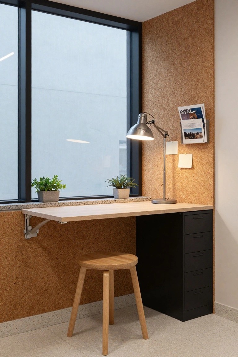 Wall-mounted light wood desk with integrated black cabinetry below against a cork wall, wooden stool, adjustable desk lamp, potted plants on windowsill, and large window in a compact office corner.