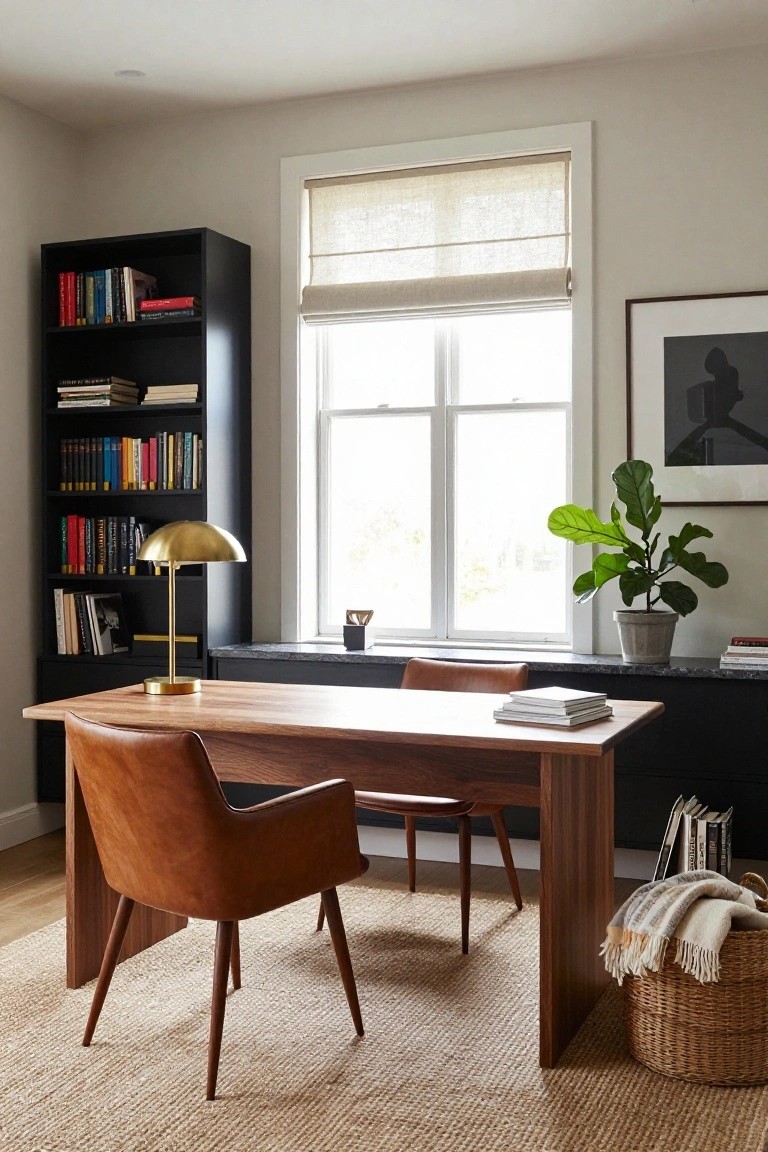 Home office interior with large walnut desk, cognac leather armchair, black bookshelves, gold dome lamp, fiddle leaf fig plant, and window with linen shade.