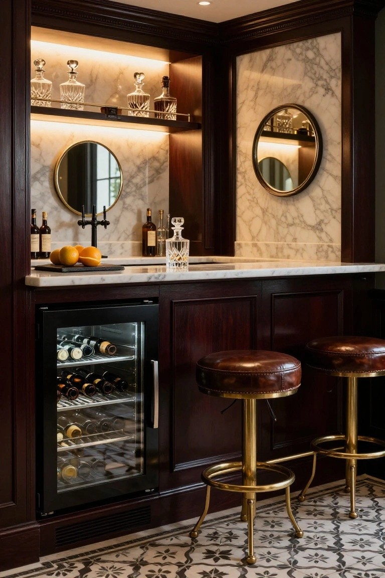 Wood-paneled home bar area with white marble countertop, built-in wine refrigerator, backlit glass shelves holding decanters, two brown leather swivel stools on brass pedestals, and round mirrors on marble walls.