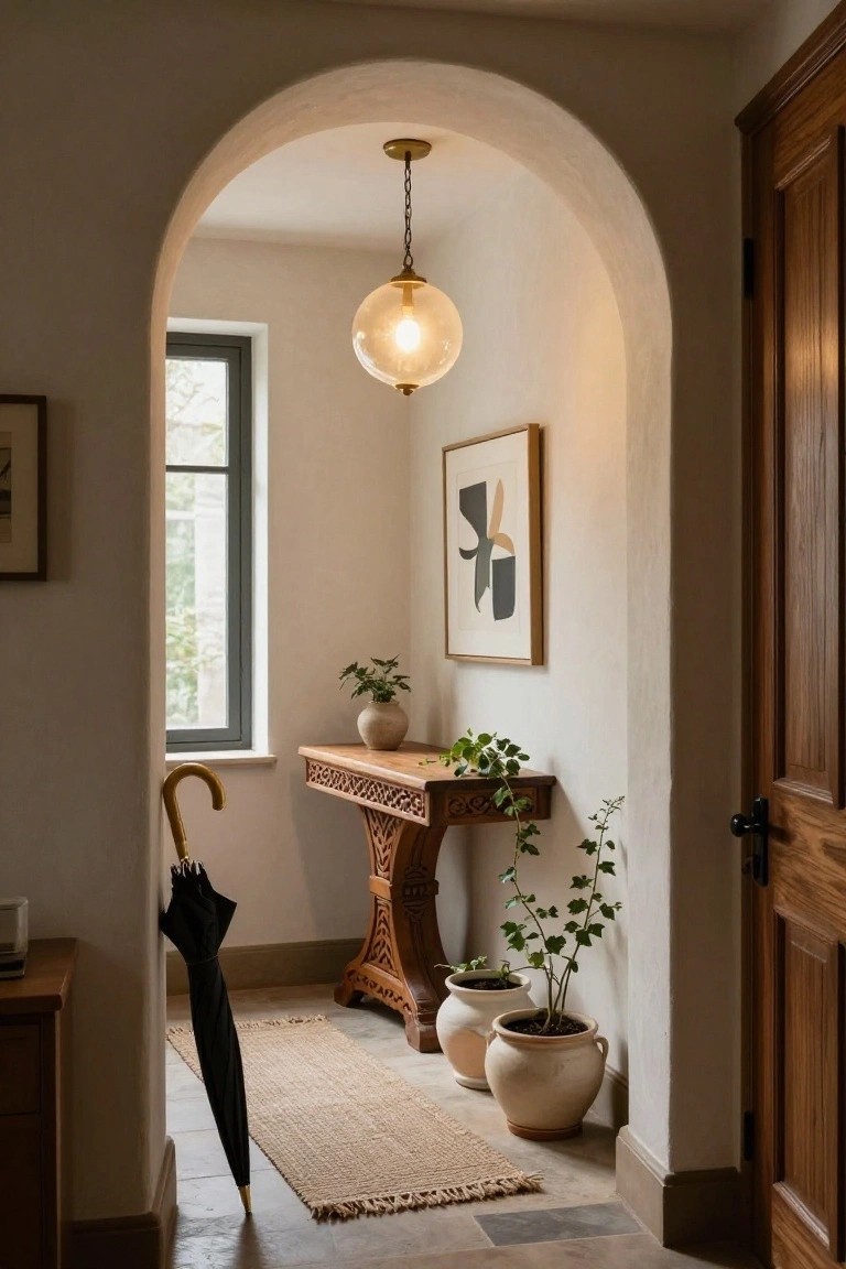 Arched interior doorway with carved wooden console table topped by plants and vase, hanging glass globe light, framed abstract art, potted ivy plants, black umbrella against wall, seagrass rug, and wooden door.