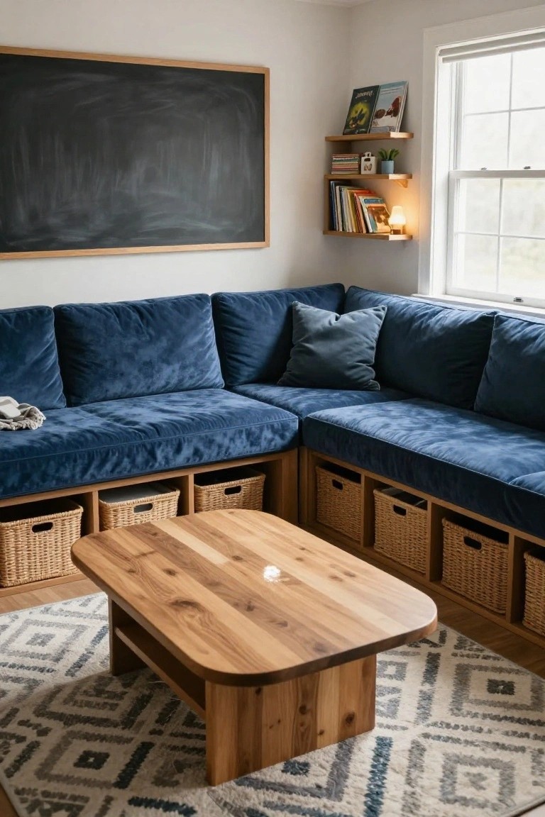 Corner indoor seating area with L-shaped navy velvet upholstered benches built into walls, wicker baskets in storage cubbies below, oval wooden coffee table centered on rug, chalkboard on wall, wooden shelves with books and plants near window.