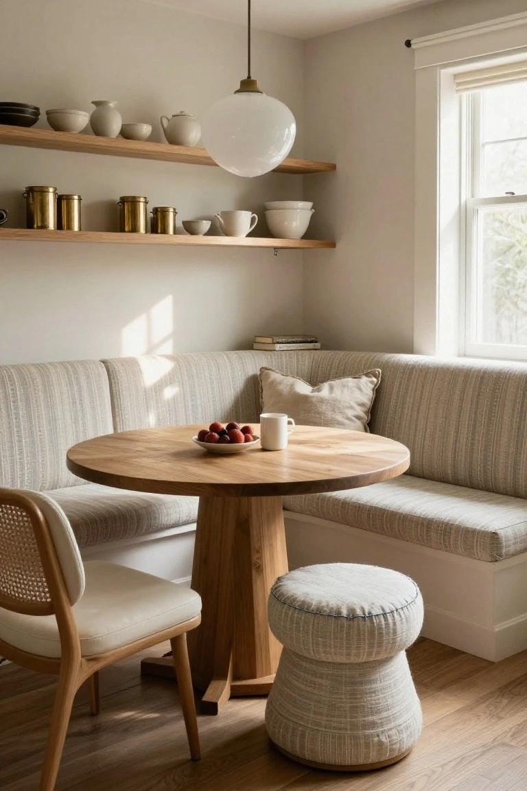 Kitchen corner with beige striped built-in banquette seating around a round wooden pedestal table, rattan chair with white cushion, fabric pouf stool, open oak shelves holding ceramics and brass containers, white pendant light, and window with natural light.