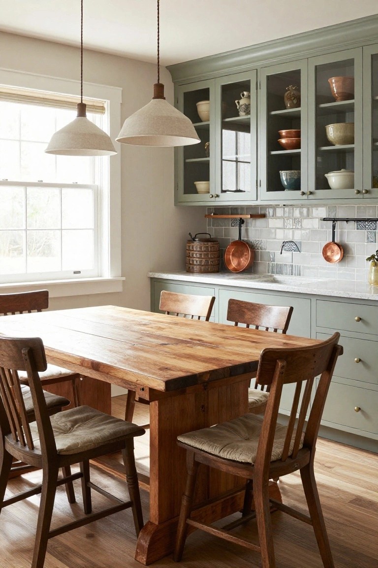 Kitchen with sage green glass-front upper cabinets displaying pottery, lower cabinets, a rectangular rustic wooden dining table with four wooden chairs and cushions, two pendant lights, copper pots on the wall, and a window.