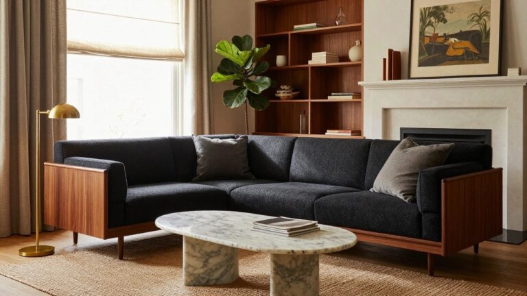 A living room with black sofa on wood frame, white marble coffee table, large potted fiddle leaf fig, terracotta pots, books and ceramics on extensive walnut wood shelving and cabinets flanking a white fireplace, beige rug, and window with sheer curtains.