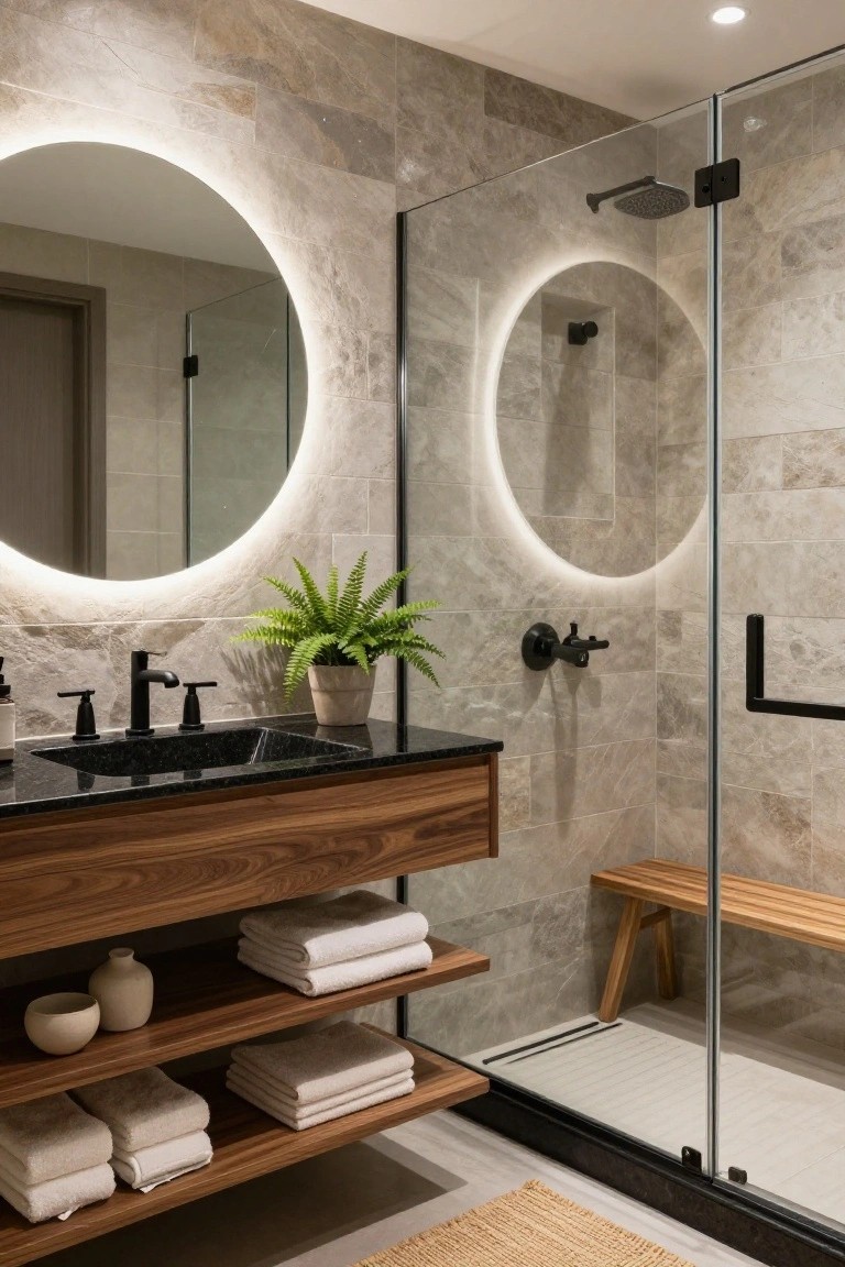 Modern bathroom featuring a floating walnut wood vanity with black sink, open shelving holding towels and pottery, round backlit mirror, glass shower with teak bench, and beige stone tile walls.