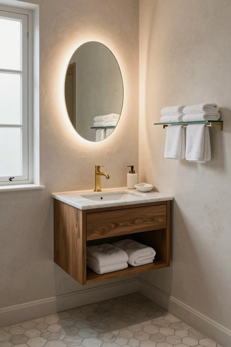 Modern bathroom corner with floating walnut wood vanity under white marble sink, gold faucet, backlit oval mirror above, white towels on shelf and rack, hex marble floor tiles, and beige plaster walls.