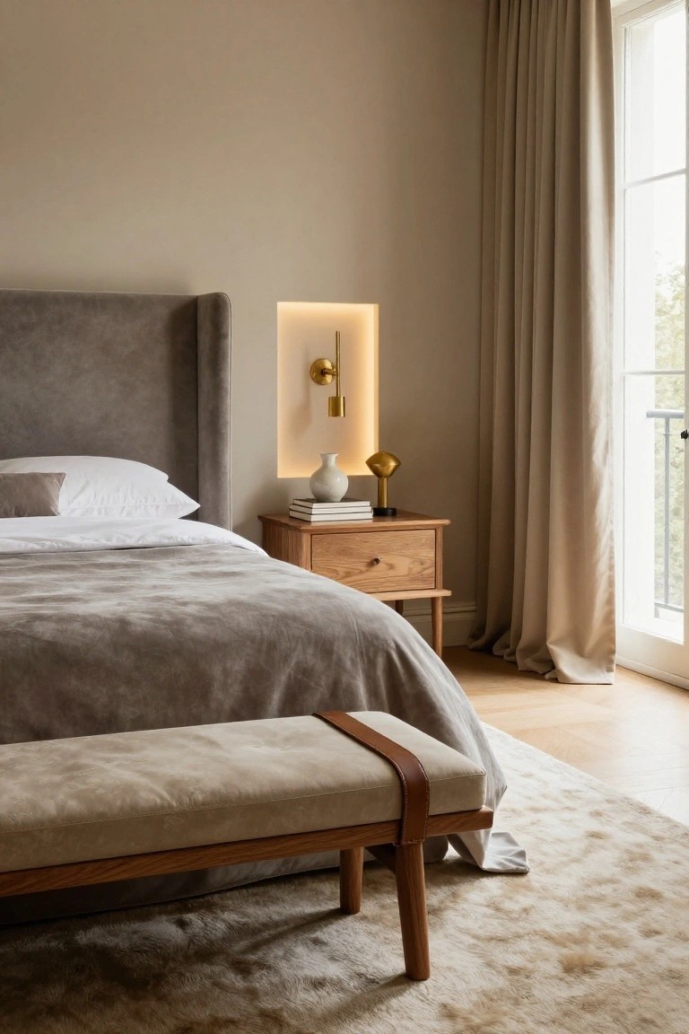 Bedroom corner with gray upholstered bed headboard and white bedding, oak nightstand holding books vase and gold lamp, wooden bench with beige cushion and leather strap at bed foot, beige curtains on glass doors, light wood floor, and cream rug.