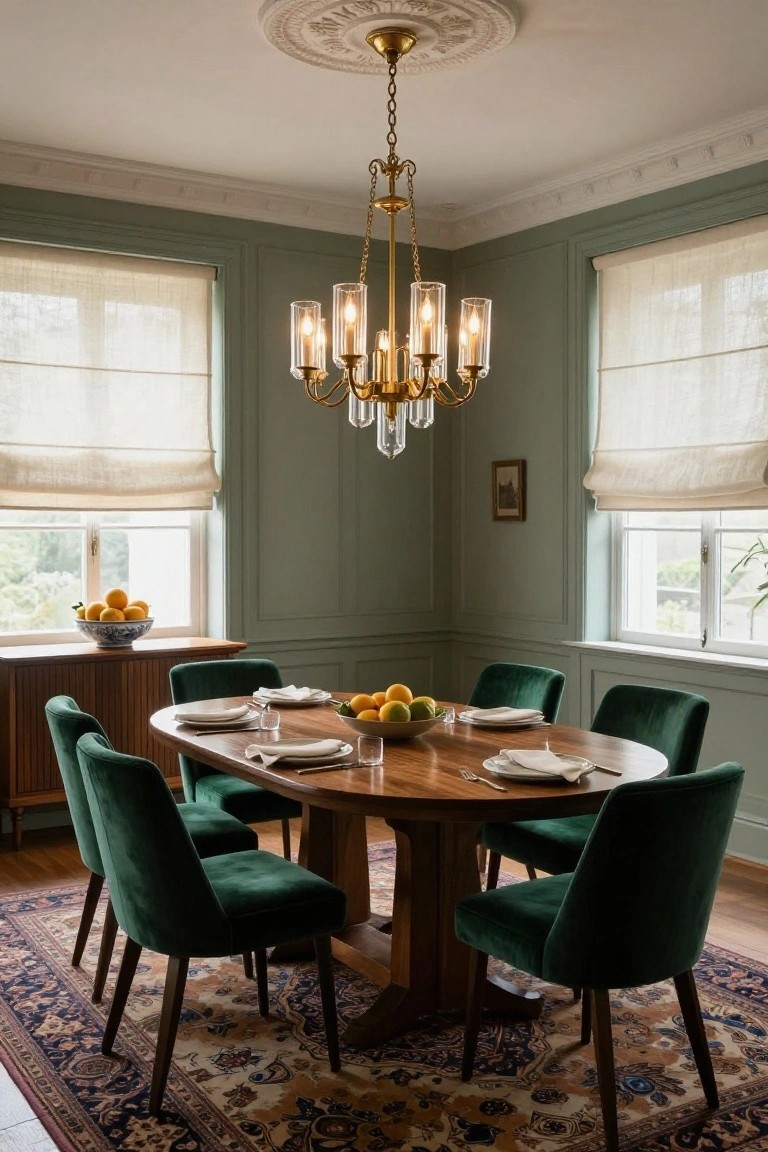 Sage green paneled dining room with oval wooden table, emerald green velvet chairs, brass chandelier, sideboard with oranges, and linen-shaded windows.