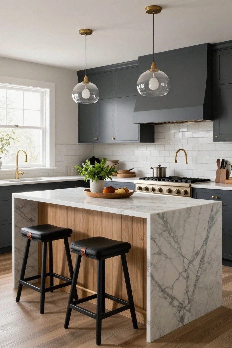 Modern kitchen interior with navy cabinets, white subway tile backsplash, gold faucet and hardware, prominent white marble island with waterfall edges on wood base, two black leather stools, and two glass pendant lights.