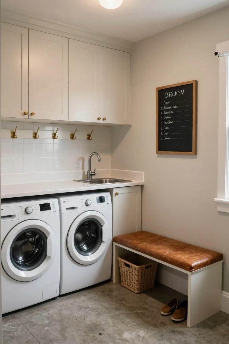 White laundry room featuring two white front-loading washers, white cabinets with gold hardware and hooks, utility sink, chalkboard labeled BRLVENEN, wicker basket, and wood bench with brown leather cushion and brown shoes underneath on concrete floor.