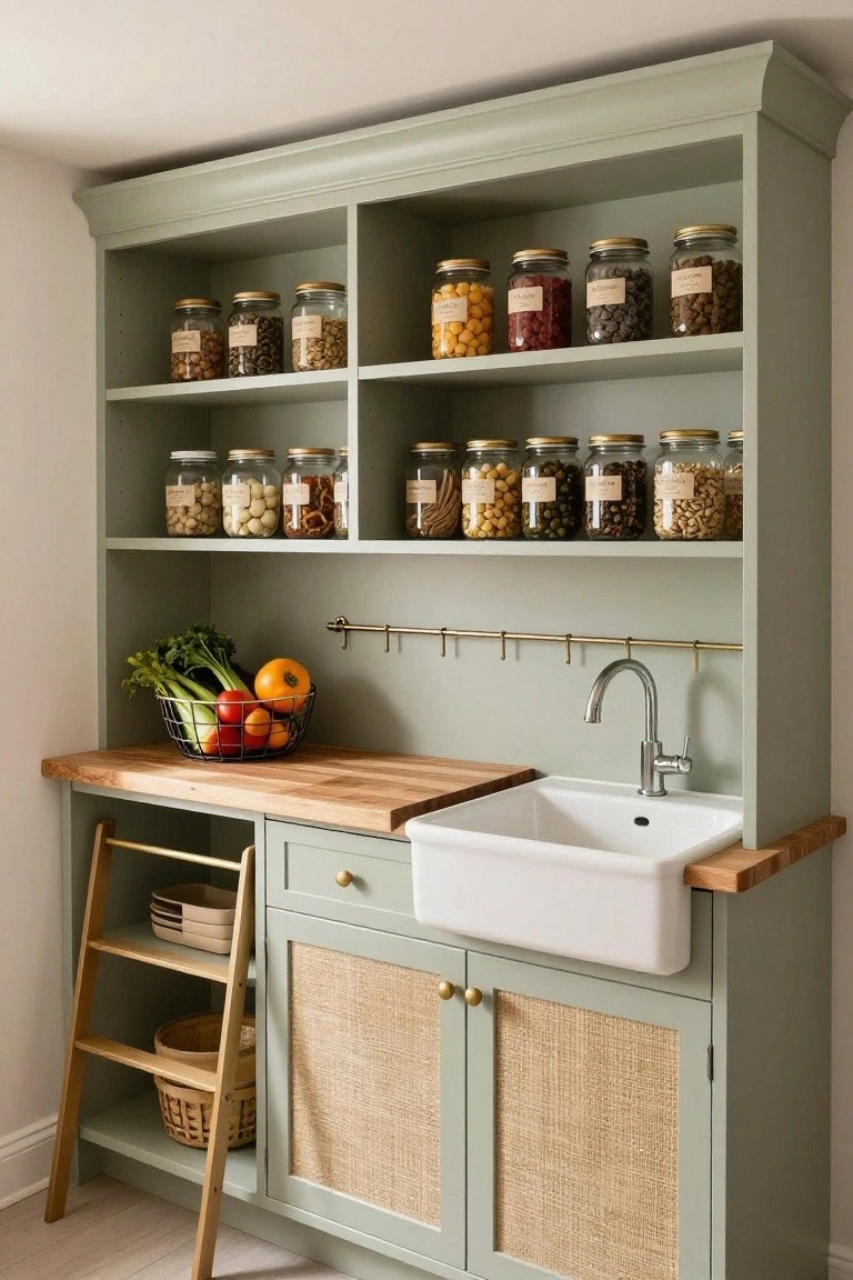 Sage green tall cupboard with open shelves of glass jars containing nuts, beans, and spices, wooden countertop with white sink, and wooden step ladder in a kitchen setting.