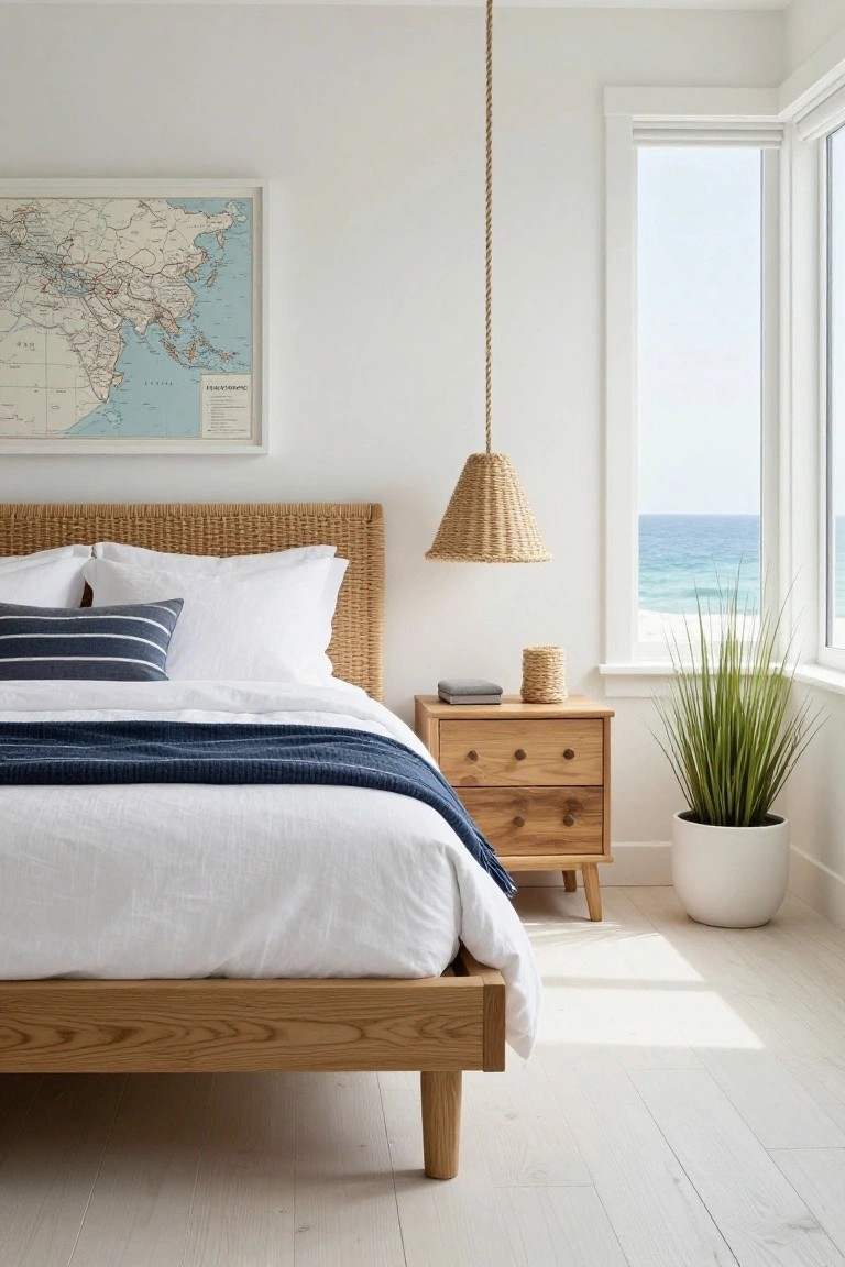 Bedroom with rattan headboard bed, white linens, navy striped pillow and throw, wooden nightstand, woven pendant light, potted grass plant, and window overlooking ocean and beach.