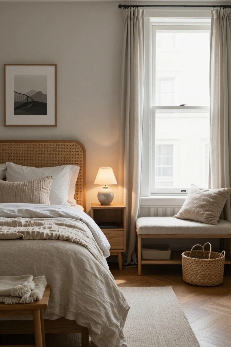 Bedroom with rattan headboard bed dressed in white and beige linens, wooden nightstand holding ceramic lamp, large window with sheer curtains, upholstered bench, wicker basket, and light gray walls.