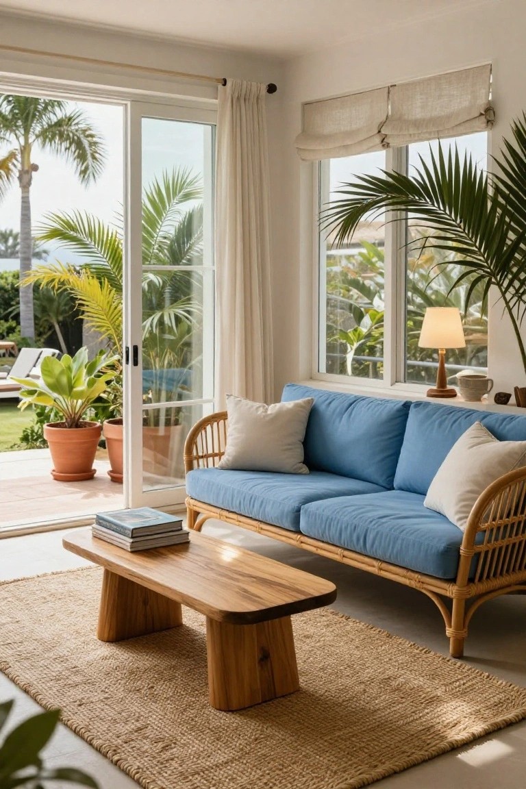 Sunlit living room with blue-cushioned rattan sofa, low wooden coffee table on seagrass rug, potted plants, lamp, and large sliding glass doors opening to tropical garden and pool lounge chairs.