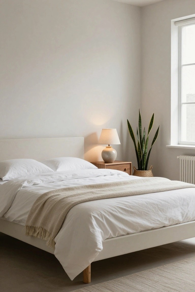 Minimalist bedroom with low white upholstered platform bed topped by white sheets, pillows, and beige knit throw; wooden nightstand with ceramic lamp; tall snake plant in woven basket; large window and neutral walls.