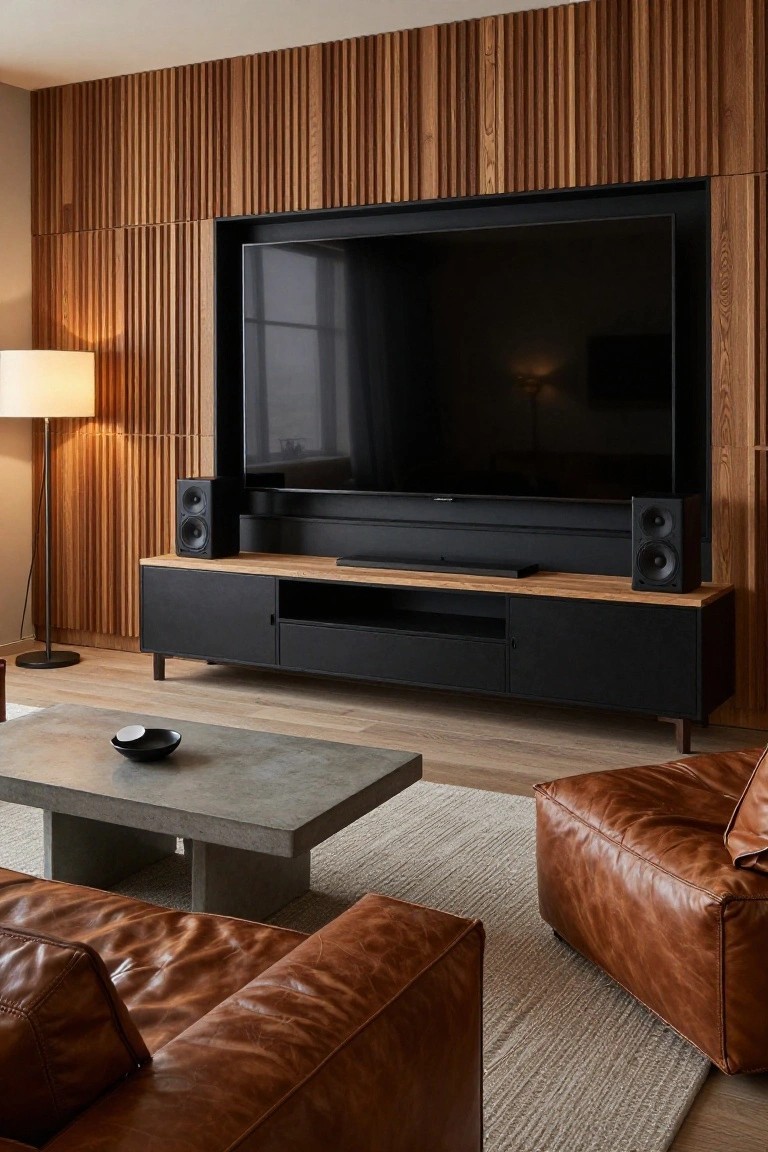Modern living room with vertical wood slat wall behind large mounted TV, black speakers and soundbar on black and oak TV cabinet, concrete coffee table, tan leather chairs, floor lamp, and light wood flooring.
