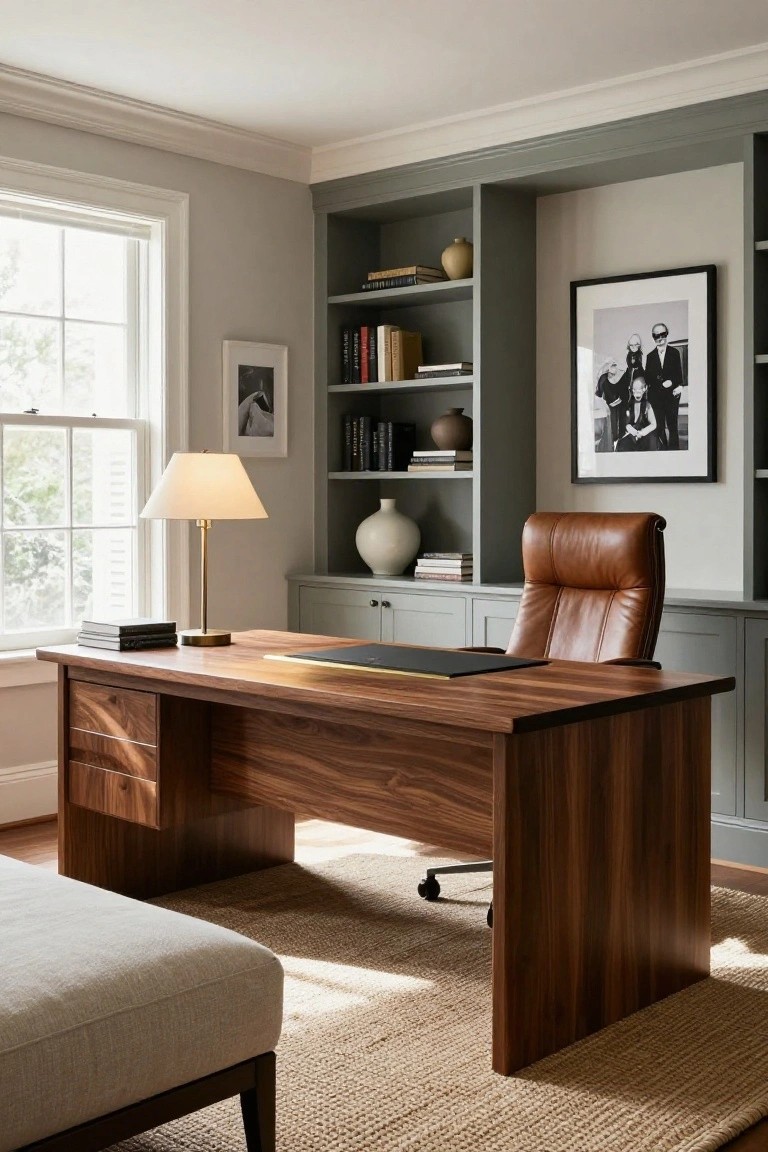 Home office with large rectangular walnut desk, tan leather high-back swivel chair, built-in gray-green shelving filled with books and ceramics, brass desk lamp, stack of books, window with sheer shade, and beige ottoman on seagrass rug.