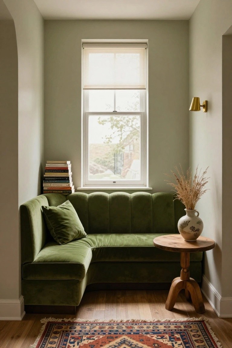 Corner tufted sofa in emerald green velvet in a pale green room with window, sheer roller shade, stack of books on floor, tripod wooden side table holding ceramic vase of pampas grass, gold sconce on wall, and patterned rug on wood floor.