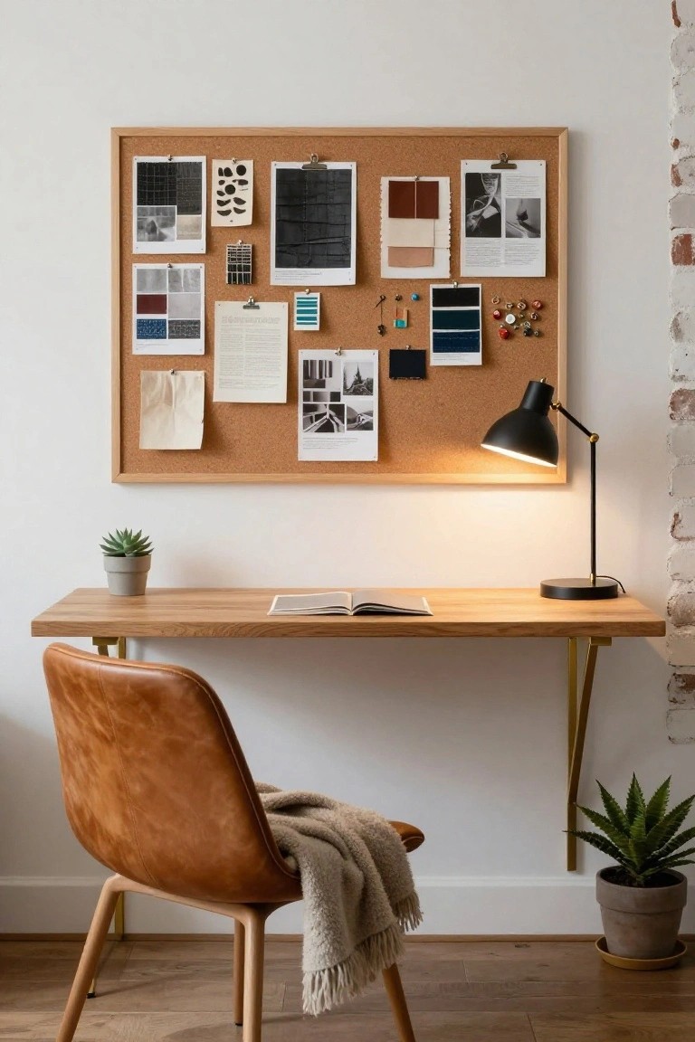 Wooden wall-mounted desk with brass brackets, open book on surface, tan leather chair with cream throw, corkboard mood board above displaying fabric swatches and photos, black desk lamp, potted succulent on desk, and floor plant in white-walled room with brick accent and wood floor.