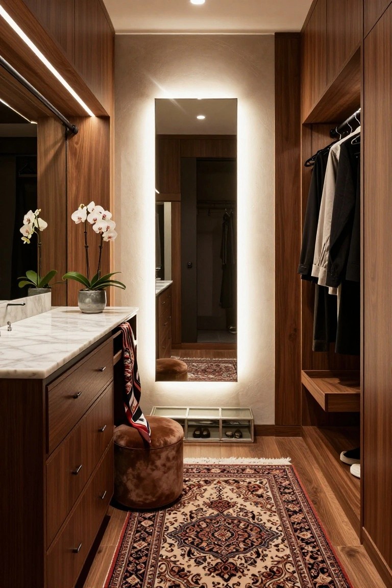 Walnut-paneled walk-in closet with tall backlit mirror, marble vanity, hanging clothes on rods, orchids in pots, ottoman, and Persian rug on wood floor.