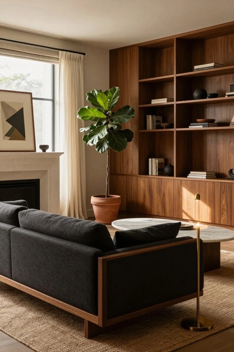 A living room with black sofa on wood frame, white marble coffee table, large potted fiddle leaf fig, terracotta pots, books and ceramics on extensive walnut wood shelving and cabinets flanking a white fireplace, beige rug, and window with sheer curtains.