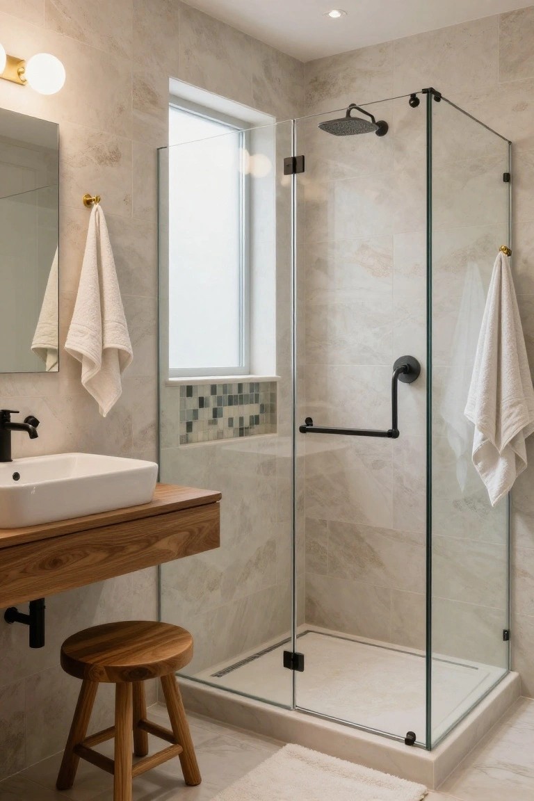 Wooden Stool Seating by the Shower