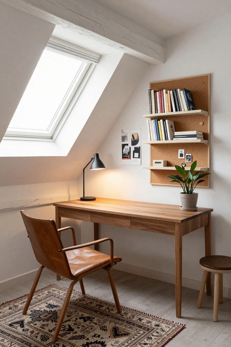 Attic home office with sloped white ceiling and skylight, wooden desk, tan leather chair, black desk lamp, wall-mounted corkboard panel with open shelves holding books and plants, small wooden stool, and patterned rug on light wood floor.