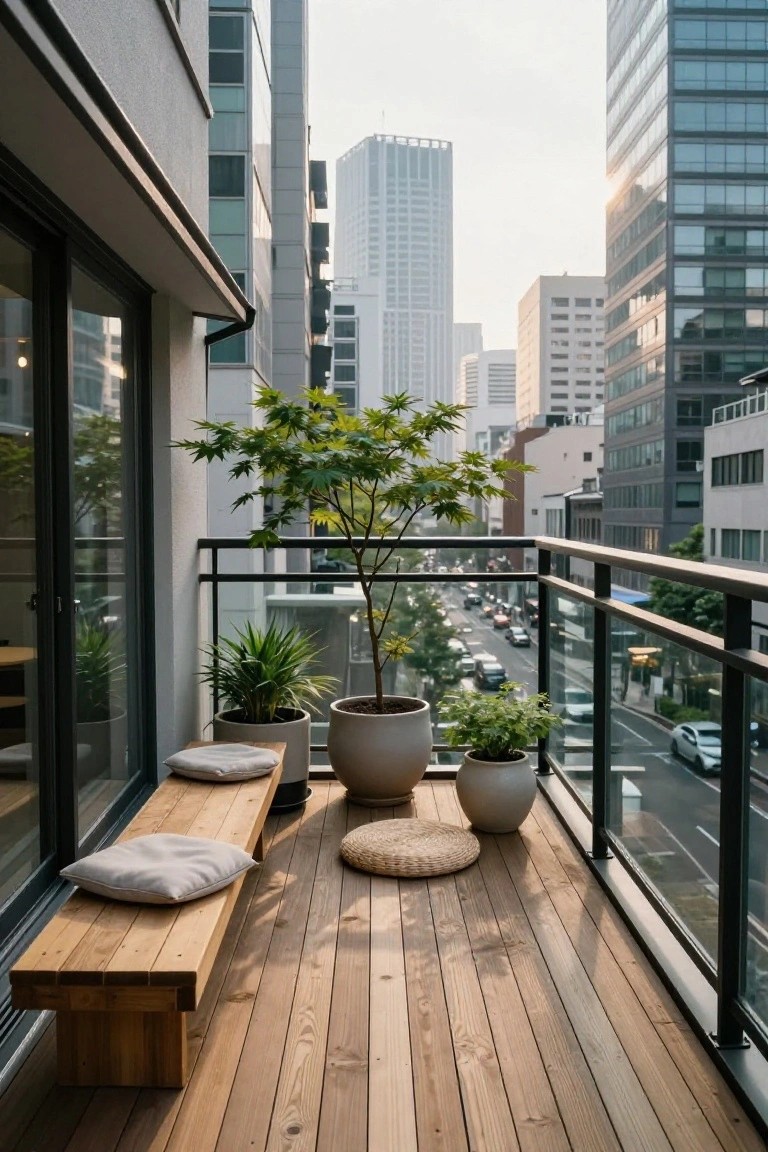 High-rise balcony with wooden decking, long wooden bench with white cushions, potted plants including a small maple tree and grasses, glass railing, and view of city street and tall buildings at sunset.