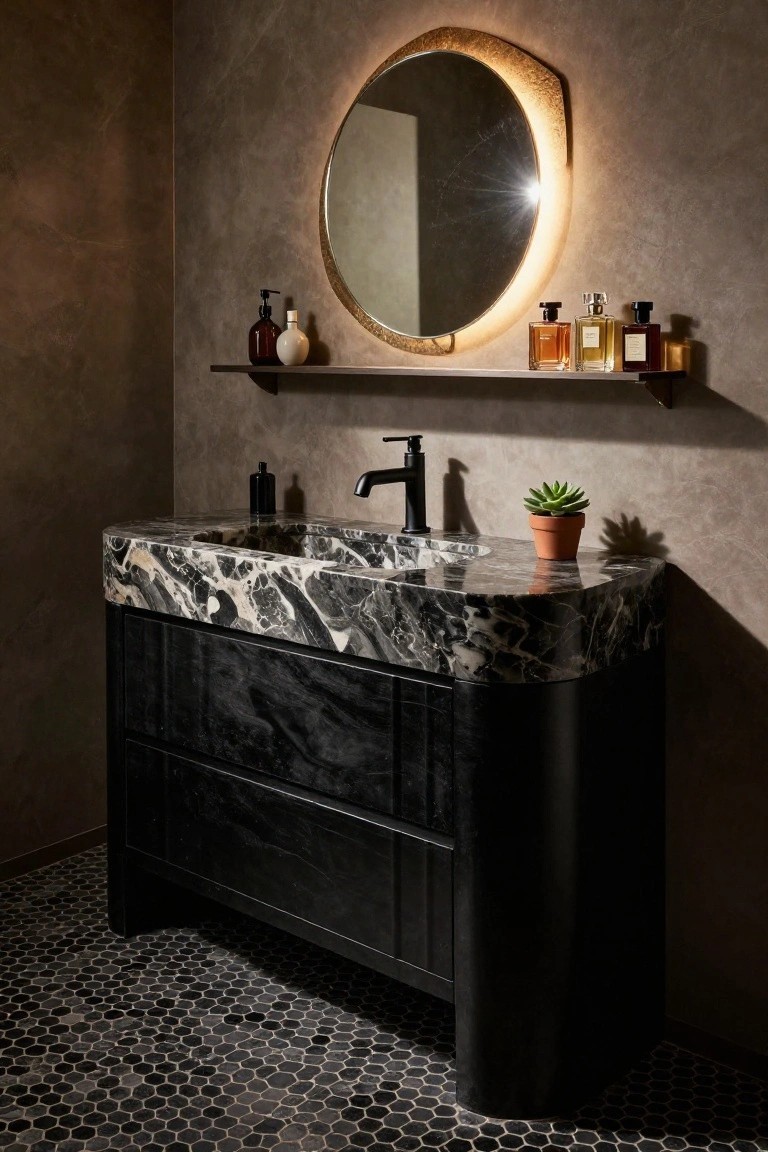 Modern bathroom vanity with curved black marble countertop and integrated sink atop black cabinets, black faucet, gold-rimmed round mirror, wall shelf with bottles and lotion, small potted succulent, against textured beige walls and black hexagonal floor tiles.
