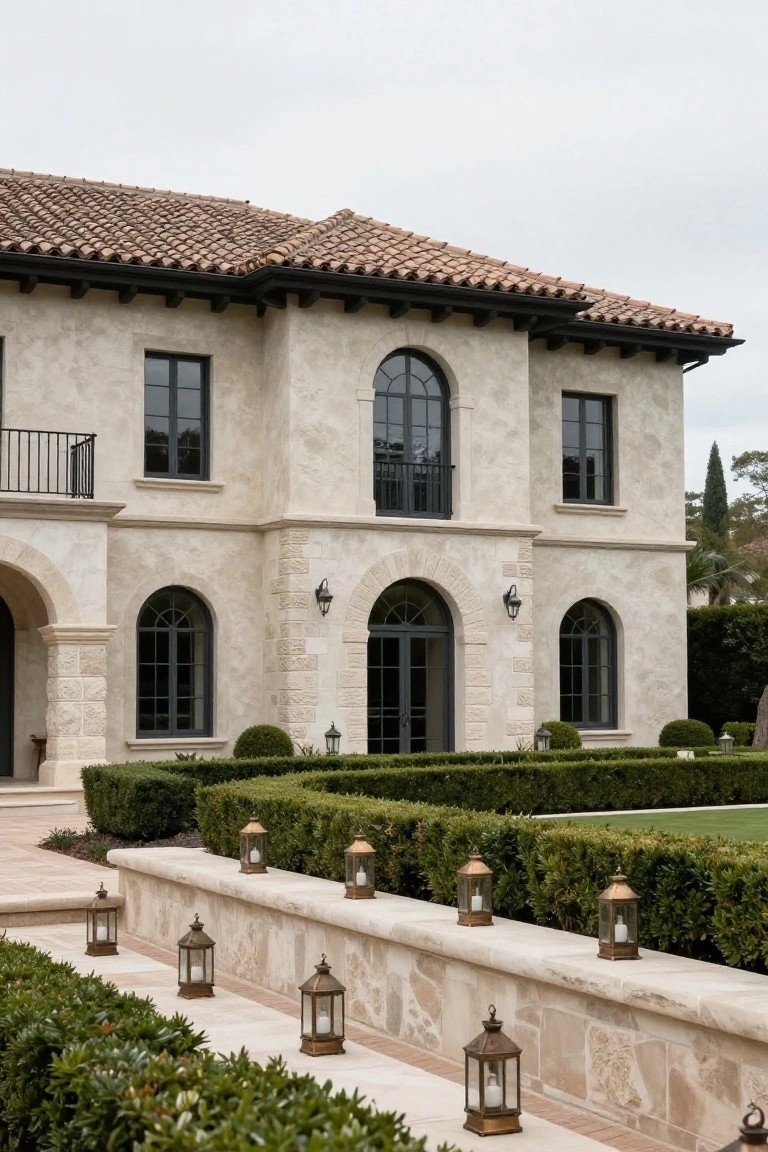 Beige stucco luxury house with terracotta tile roof and black-framed arched windows and doors, viewed from a stone pathway lined on both sides by clipped boxwood hedges and brass lanterns placed on a low stone wall.