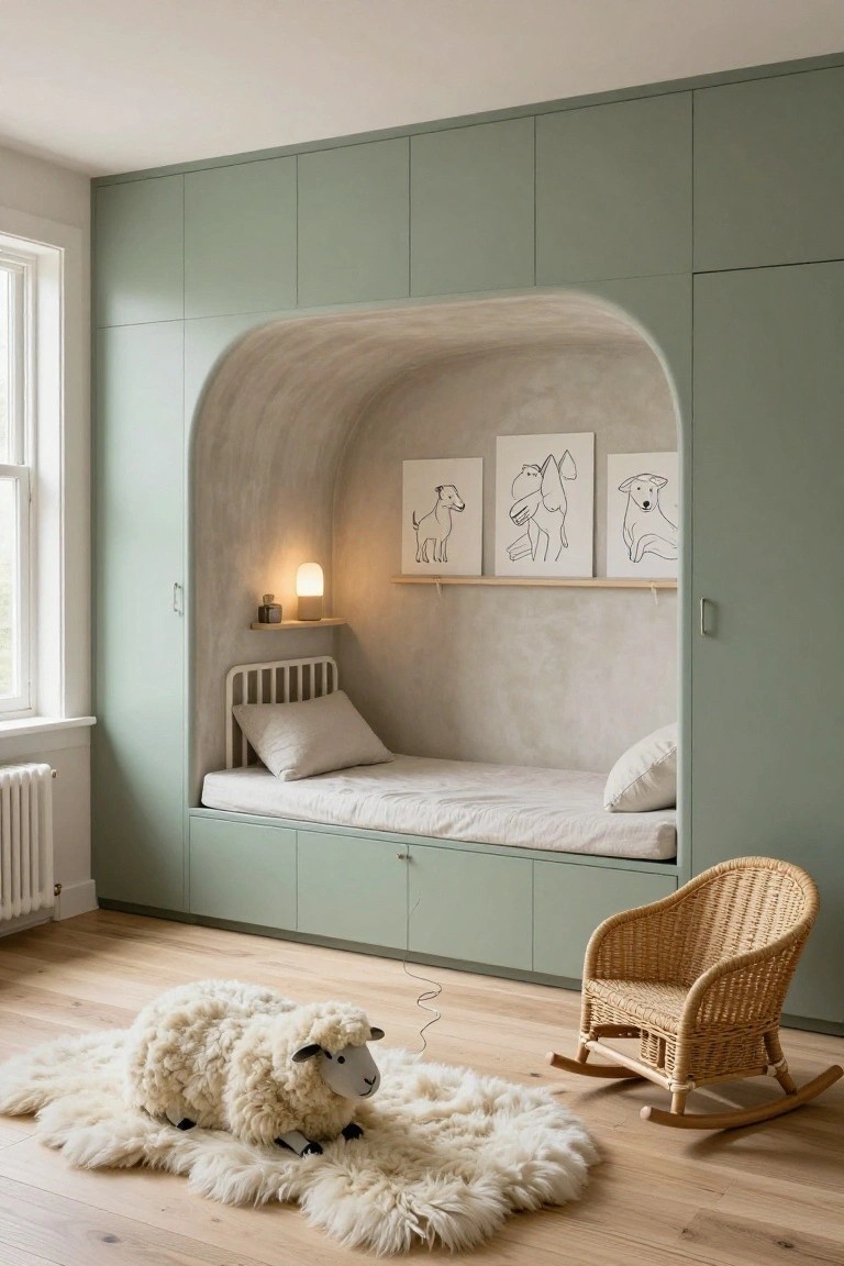 Sage green wardrobe wall in a child's bedroom with an arched plaster alcove containing a low bed, pillows, wall lamp, three framed dog line drawings, fluffy white sheep rug on wood floor, and wicker rocking chair nearby.