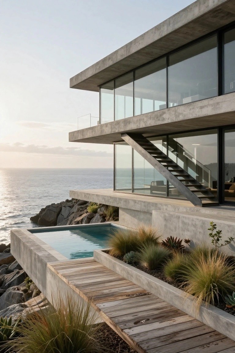 Modern concrete house with cantilevered upper levels extending over rocky oceanfront cliffs, large glass walls, infinity-edge pool, wooden deck path, and grasses in concrete planters.