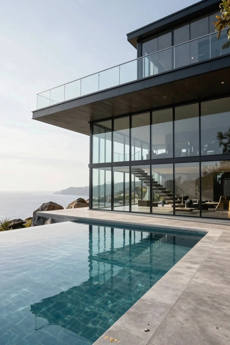 Modern black house with cantilevered upper level, large glass walls overlooking ocean, infinity pool at base on rocky cliffside.